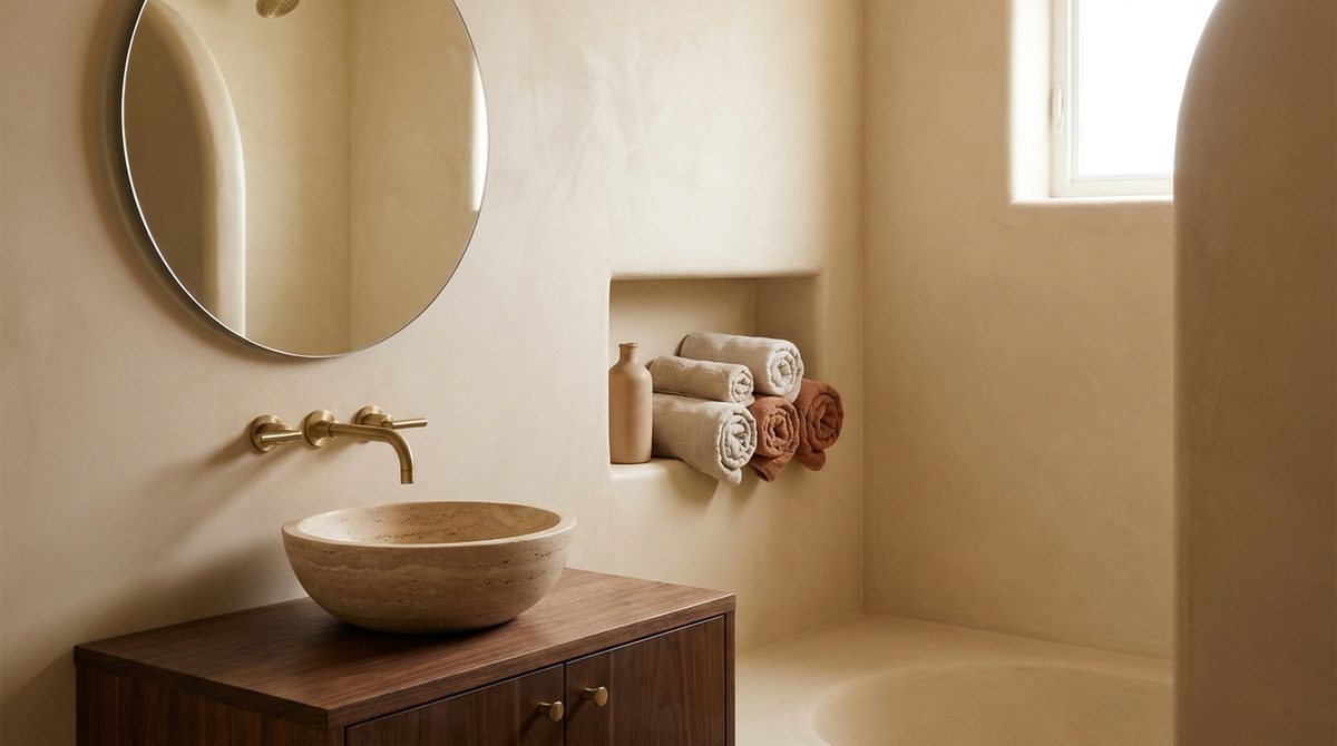 Bathroom finished in warm tadelakt plaster with a carved travertine basin