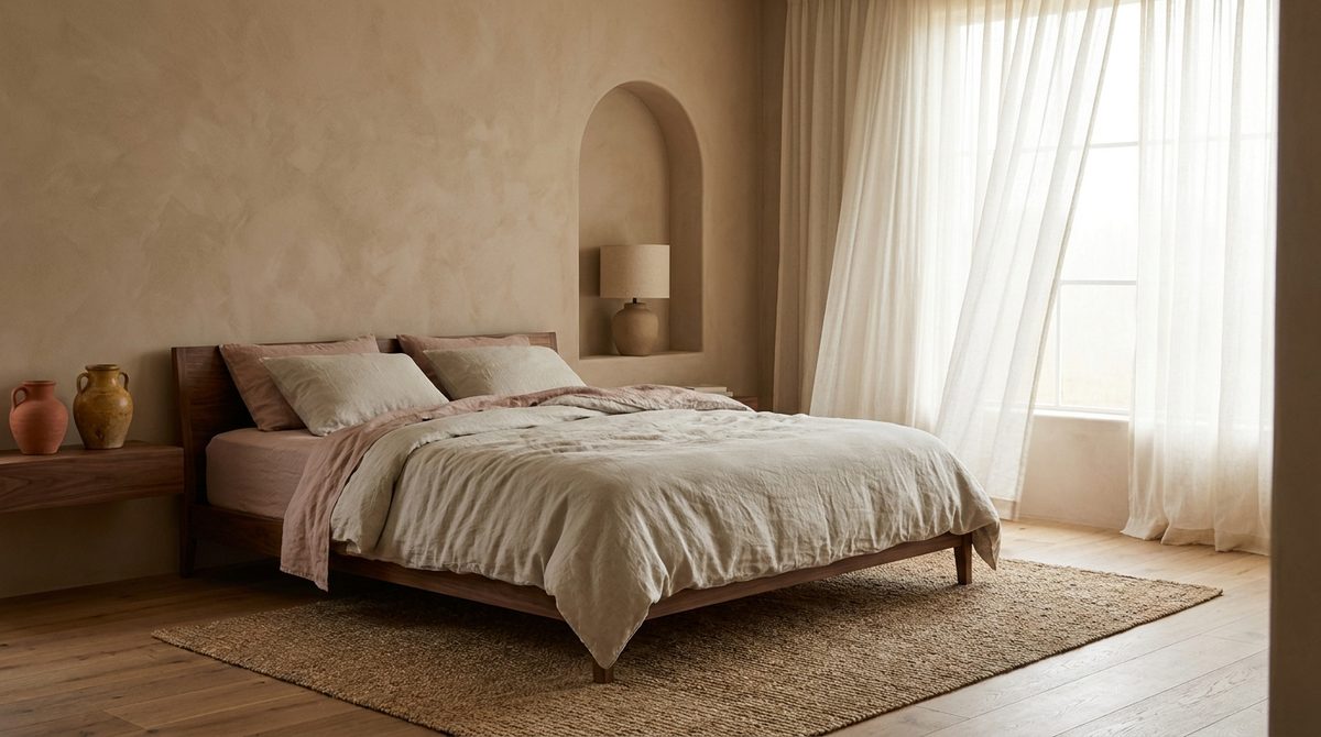 Calm bedroom with a low walnut bed, washed linen bedding and a plaster alcove