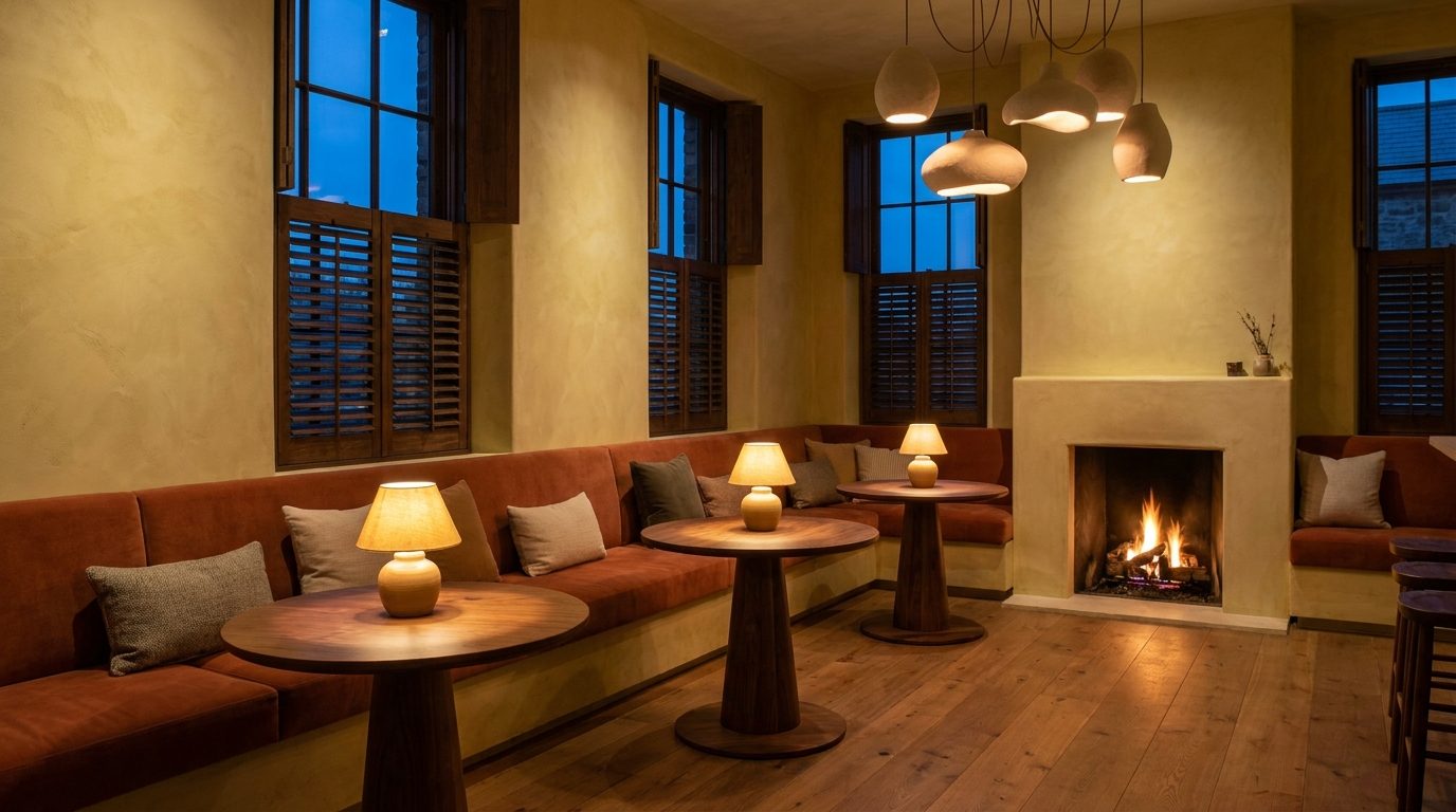 Boutique hotel lounge with a terracotta banquette, walnut tables and ceramic pendants