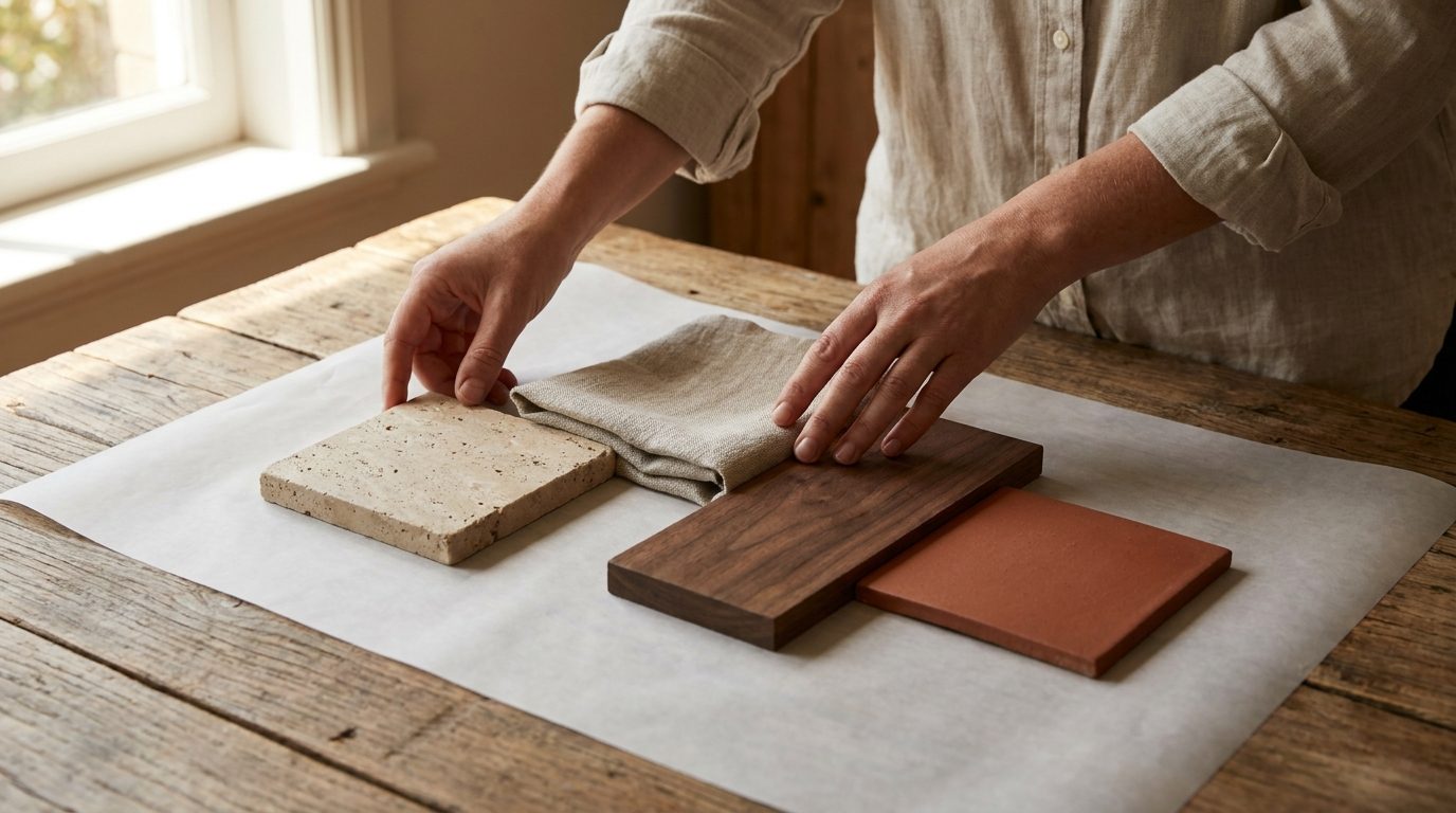 Stone, linen, walnut and terracotta samples being laid out into a palette on a timber table