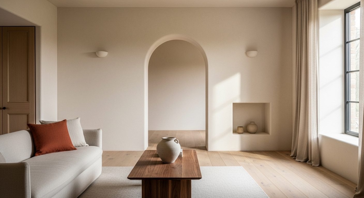 Plastered living room with a linen sofa, walnut table and an arched opening in warm morning light
