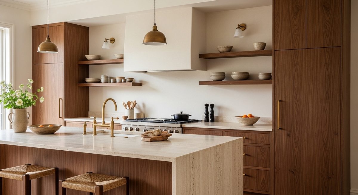 Open kitchen with walnut cabinetry, a travertine island and brass tapware
