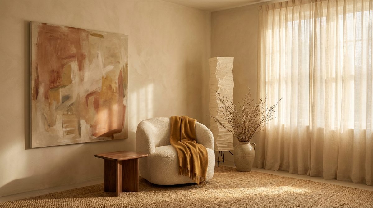 Finished sitting room with a boucle chair, walnut side table and an ochre throw