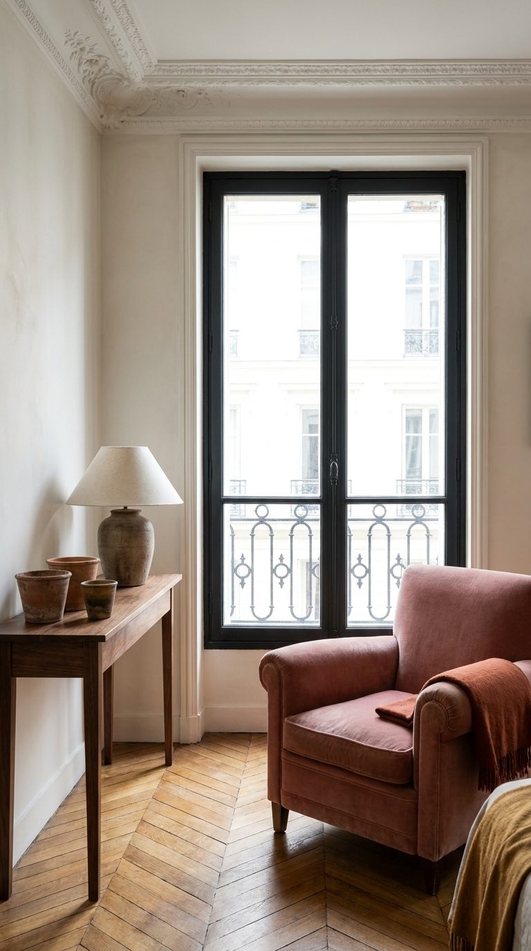 Parisian apartment corner with parquet, a velvet armchair and a tall casement window