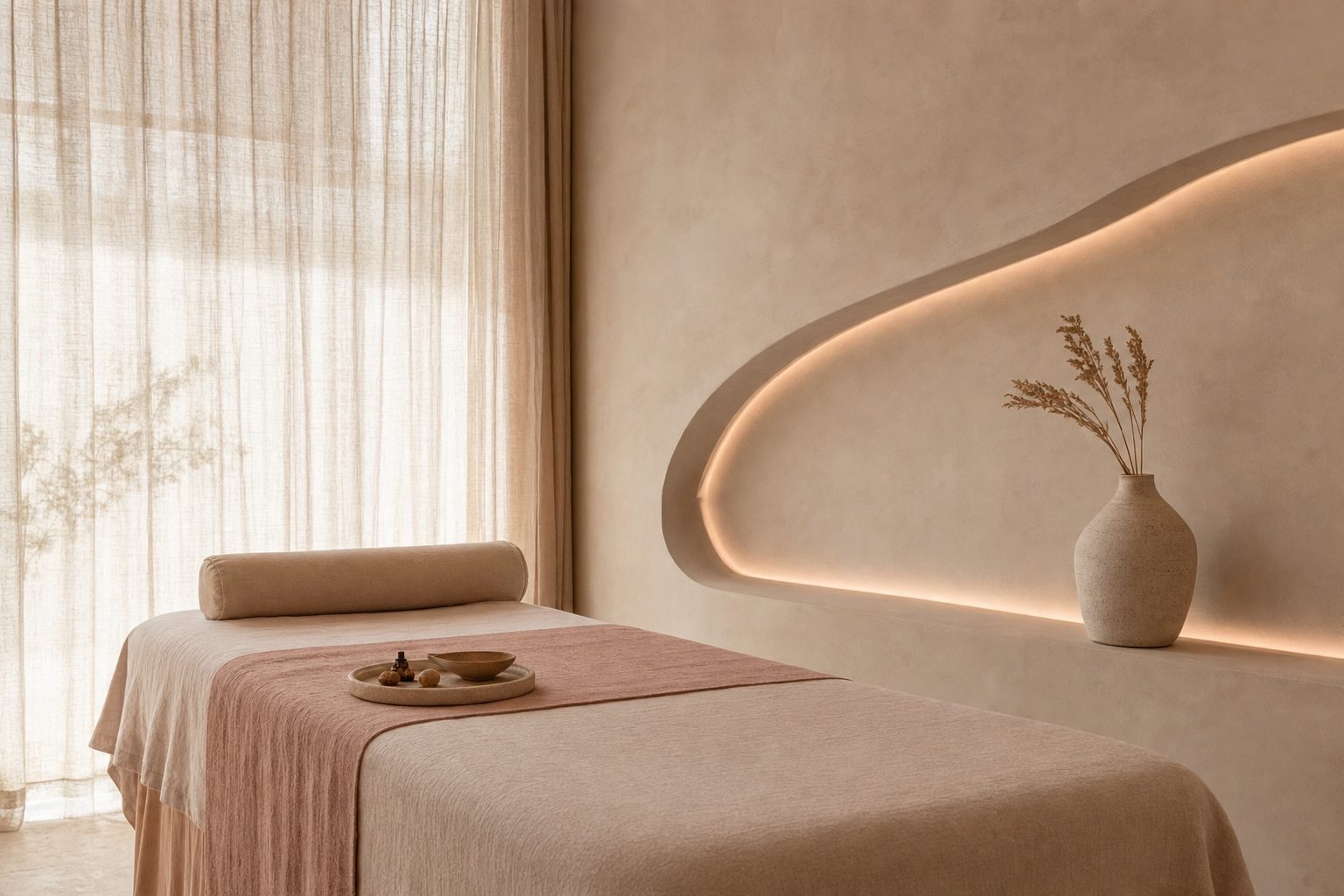 Serene treatment room in porcelain and blush tones with soft morning light
