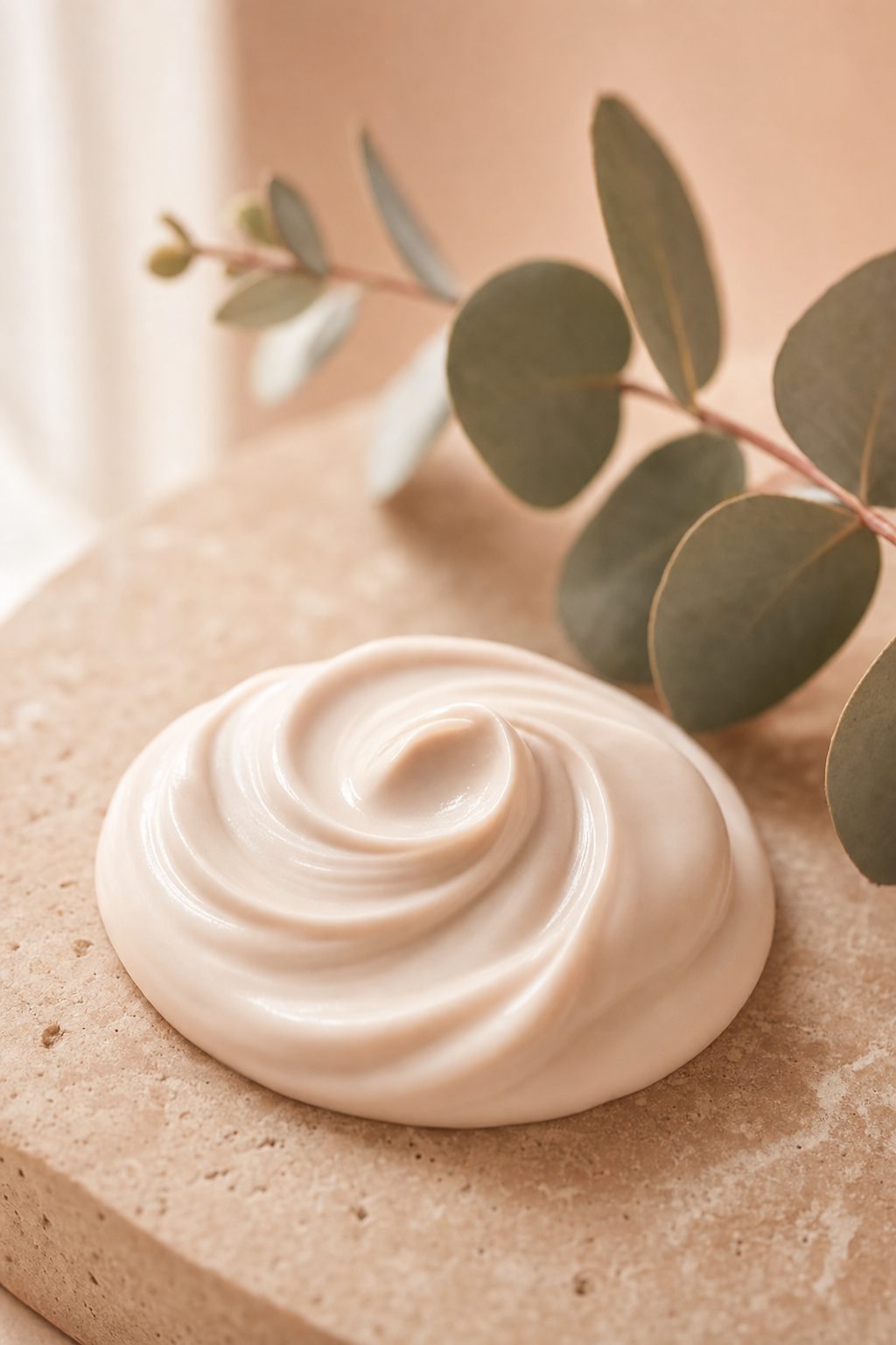 Silky cream texture on warm stone beside eucalyptus
