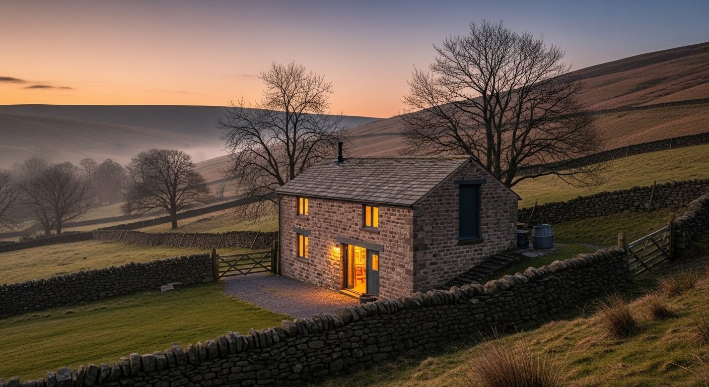 Stone barn workshop lit at dusk in the Hudson Valley countryside