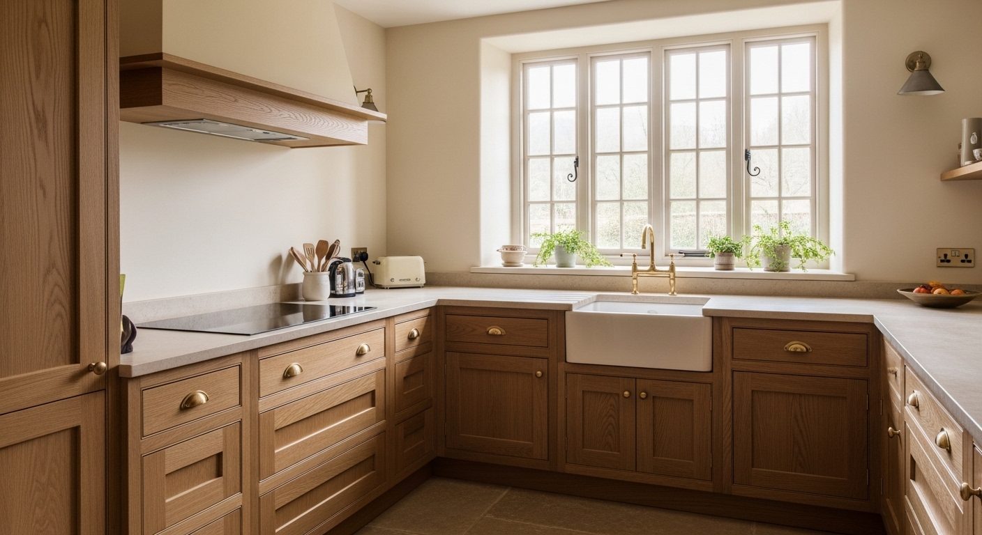 Custom oak kitchen with brass hardware and a stone countertop under a tall window
