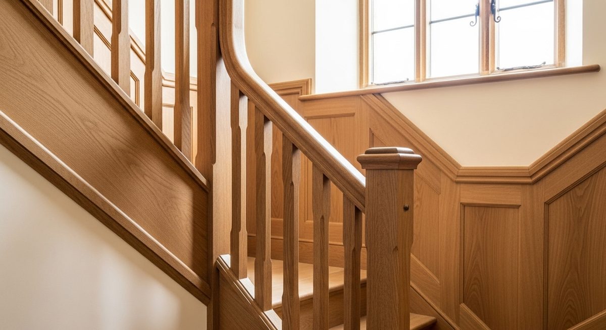 Hand-made oak staircase meeting wall paneling