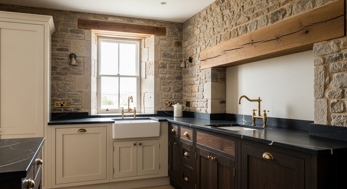Dark walnut kitchen with brass taps and an exposed stone wall in a converted mill