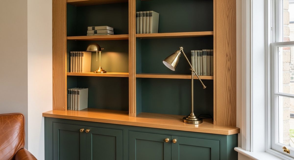Fitted library wall in deep green with oak shelves and a brass picture light