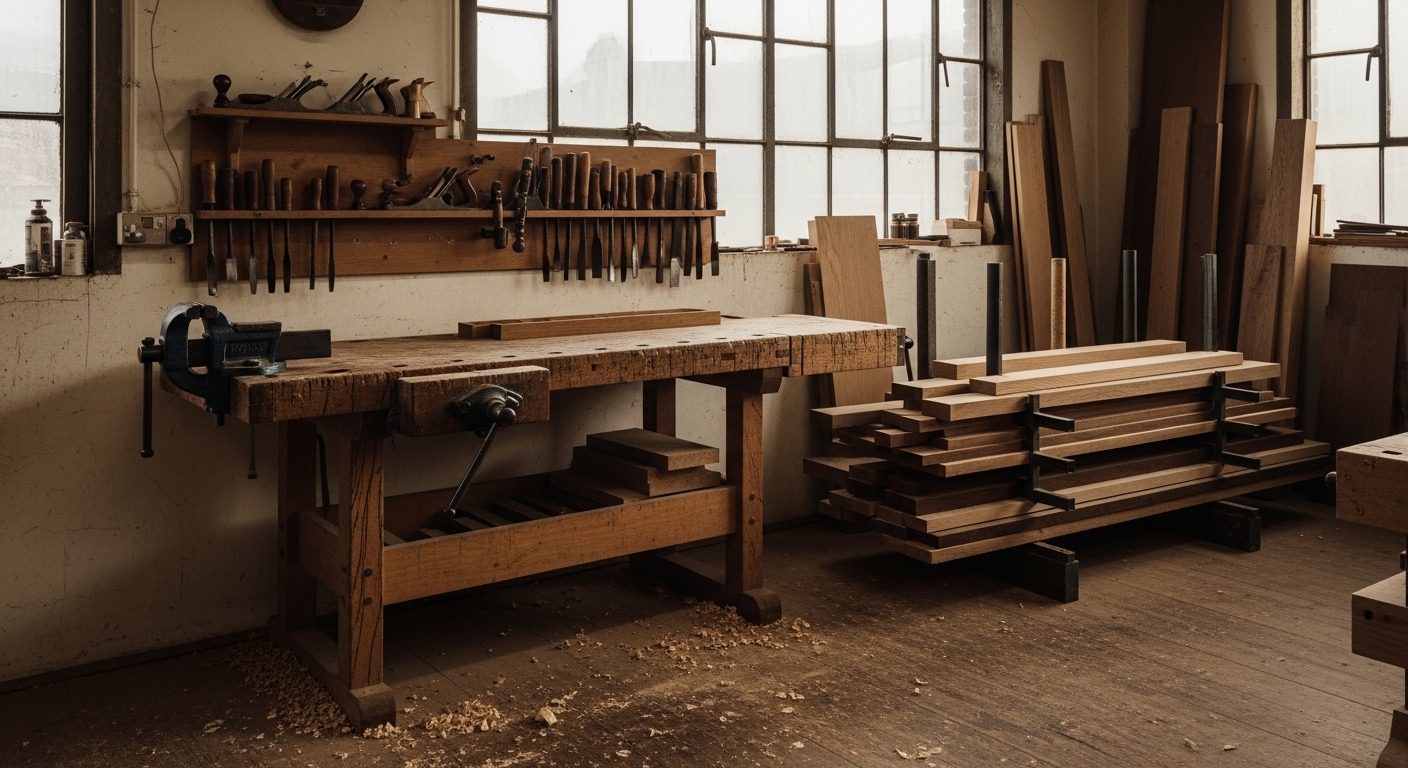 Cabinetmaker's workshop with a beech bench, racked hand tools, and stacked timber