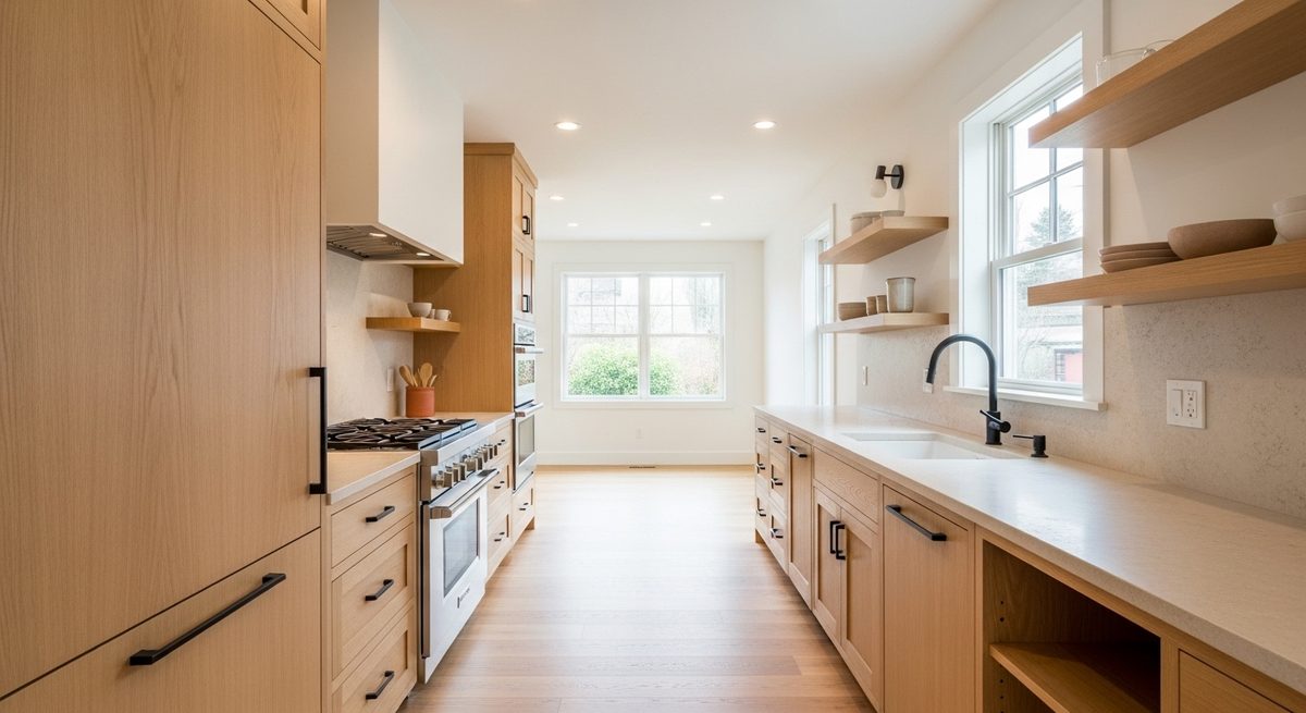 The same galley kitchen after renovation, with oak cabinets, stone counters and an enlarged window