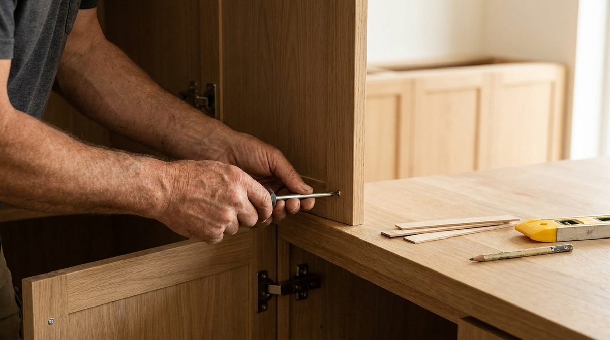 A carpenter adjusting a white oak cabinet door on concealed hinges
