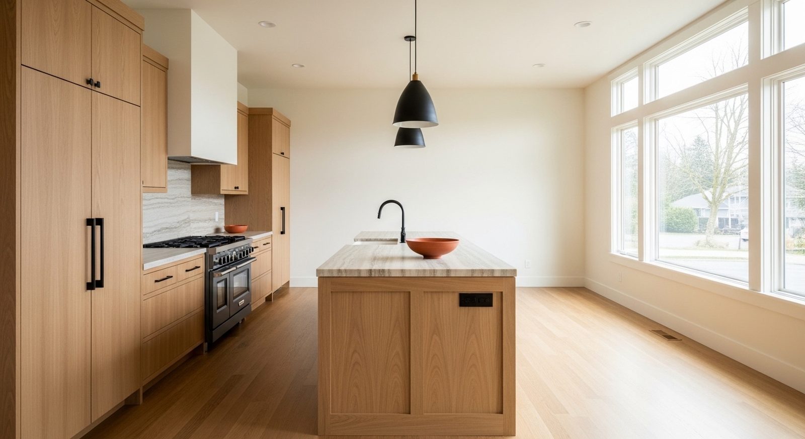 Finished kitchen remodel with a white oak island, stone counters and tall windows