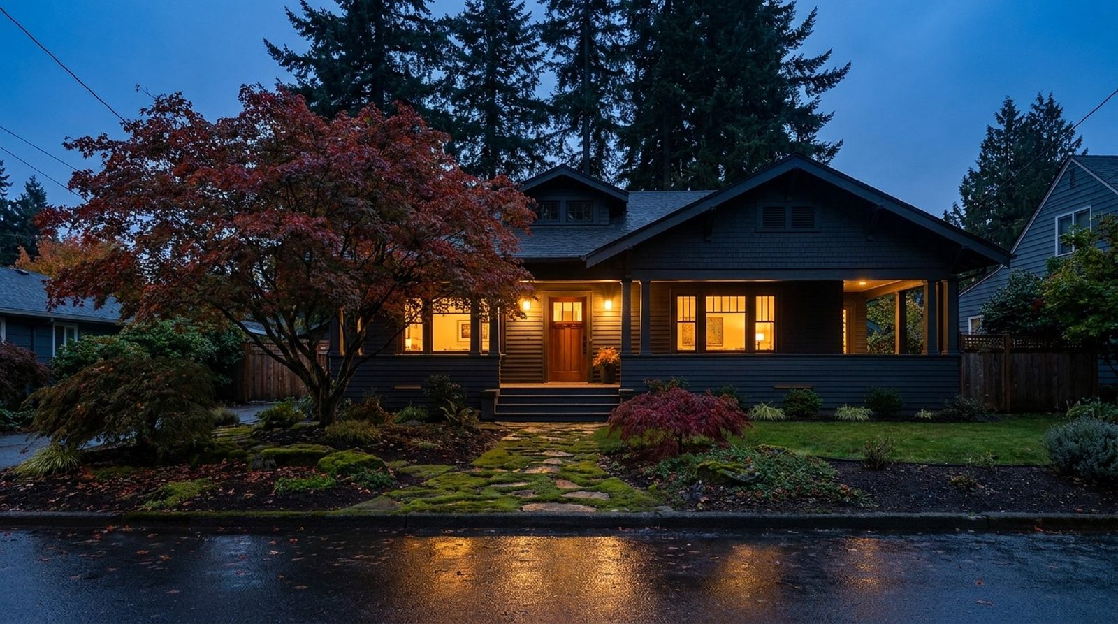 A renovated Pacific Northwest craftsman house lit from within at dusk