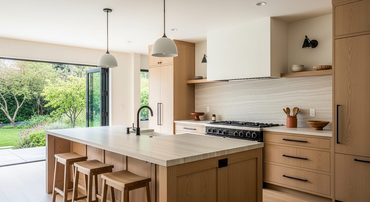 Remodeled open plan kitchen with a long oak island and stone countertop