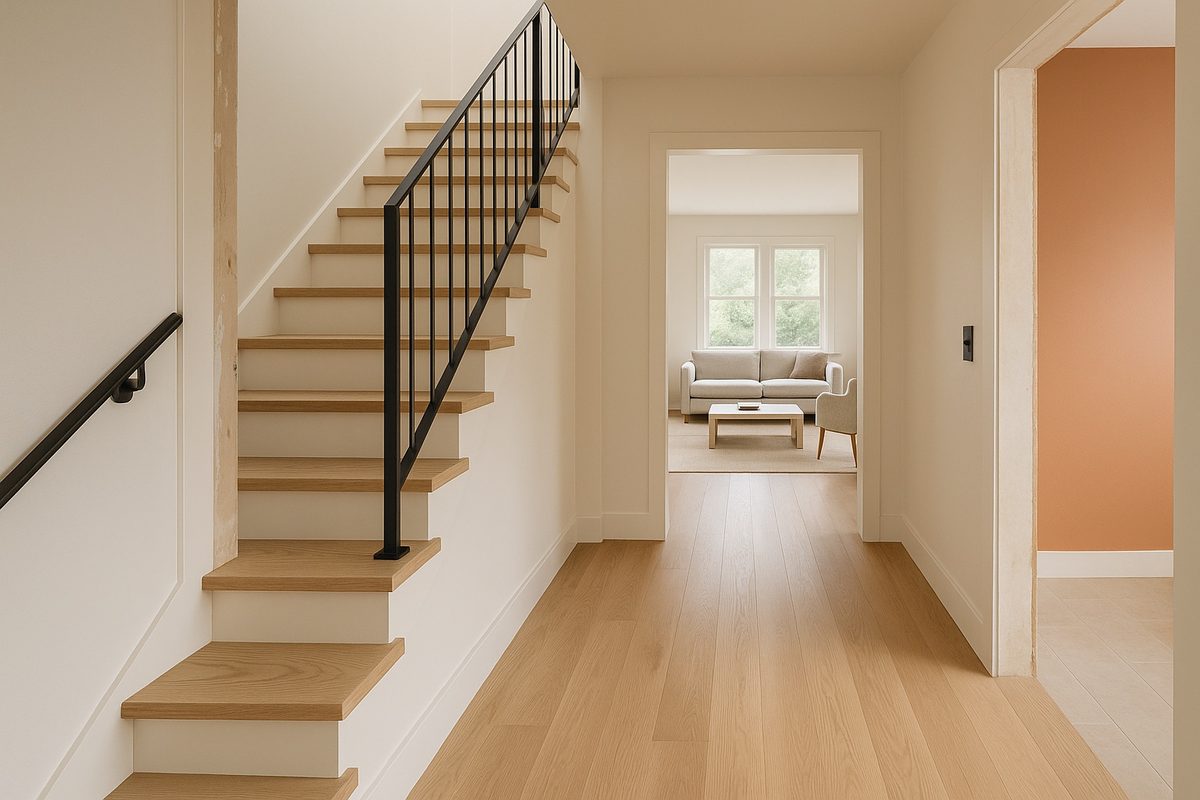 New open stair with white oak treads and a matte black rail in a whole-home renovation
