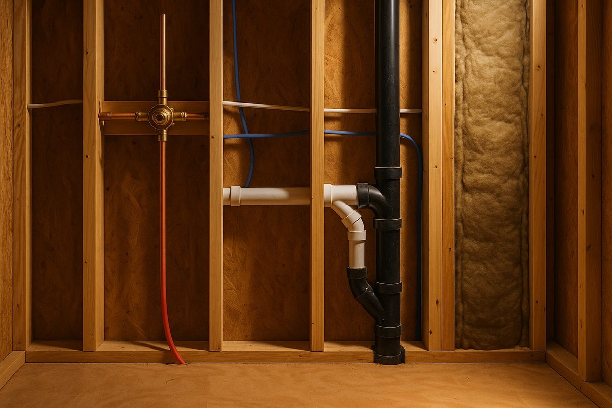 Open stud wall during a bathroom rough-in with new supply lines, drain and electrical