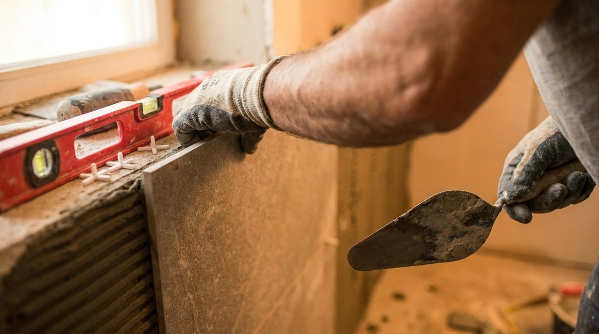 A tile setter pressing large format stone tile into thinset on a shower wall