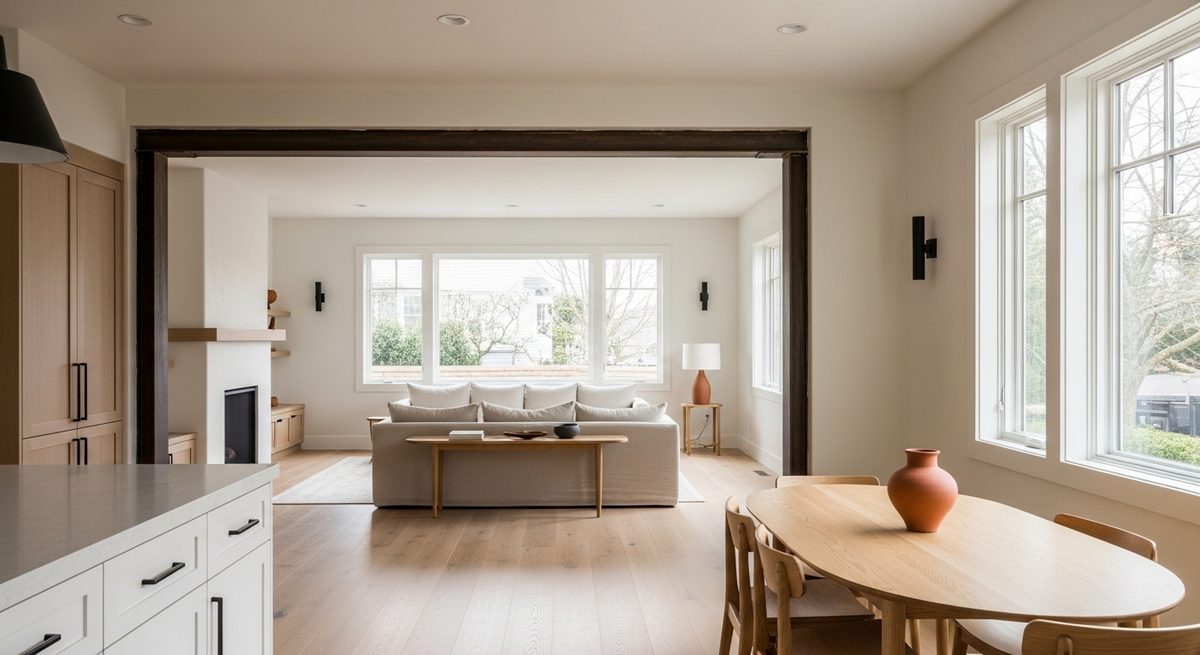 Open living and dining room after a whole-home renovation with a new structural beam