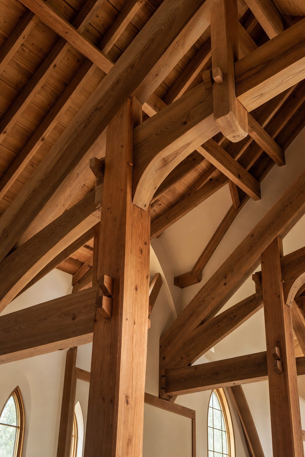 Cathedral ceiling of hand-cut douglas fir timber joinery