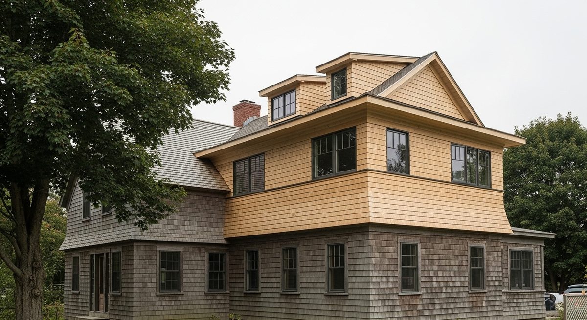 New cedar-shingled second story meeting the weathered original siding of an older house