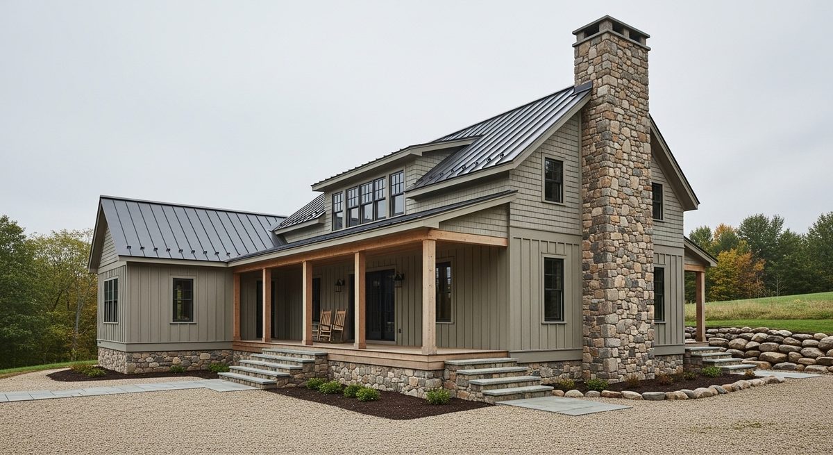 Completed ground-up custom country house with a stone chimney and a covered porch