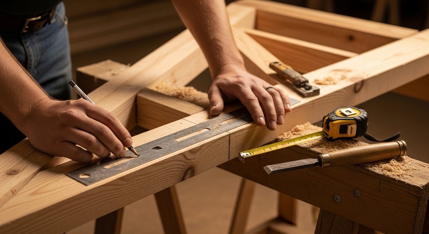 A carpenter's hands marking a fir rafter with a framing square and pencil on sawhorses
