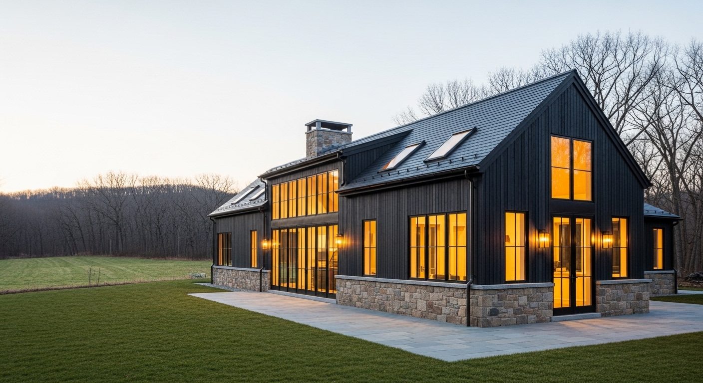 Completed custom house with dark cedar cladding, a fieldstone base, and warm lit windows at dusk