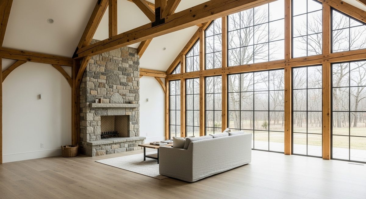Finished great room with exposed timber trusses, a fieldstone fireplace, and a wall of glass