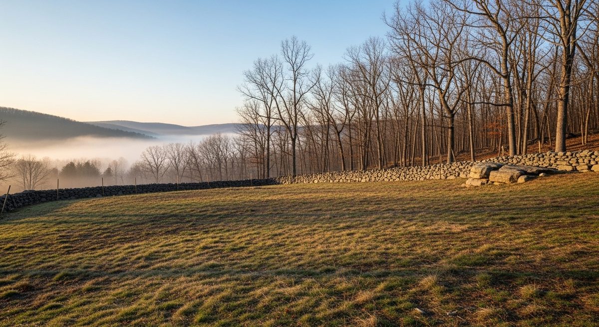 An undeveloped sloping rural building lot with a dry stone wall and fog in the valley beyond