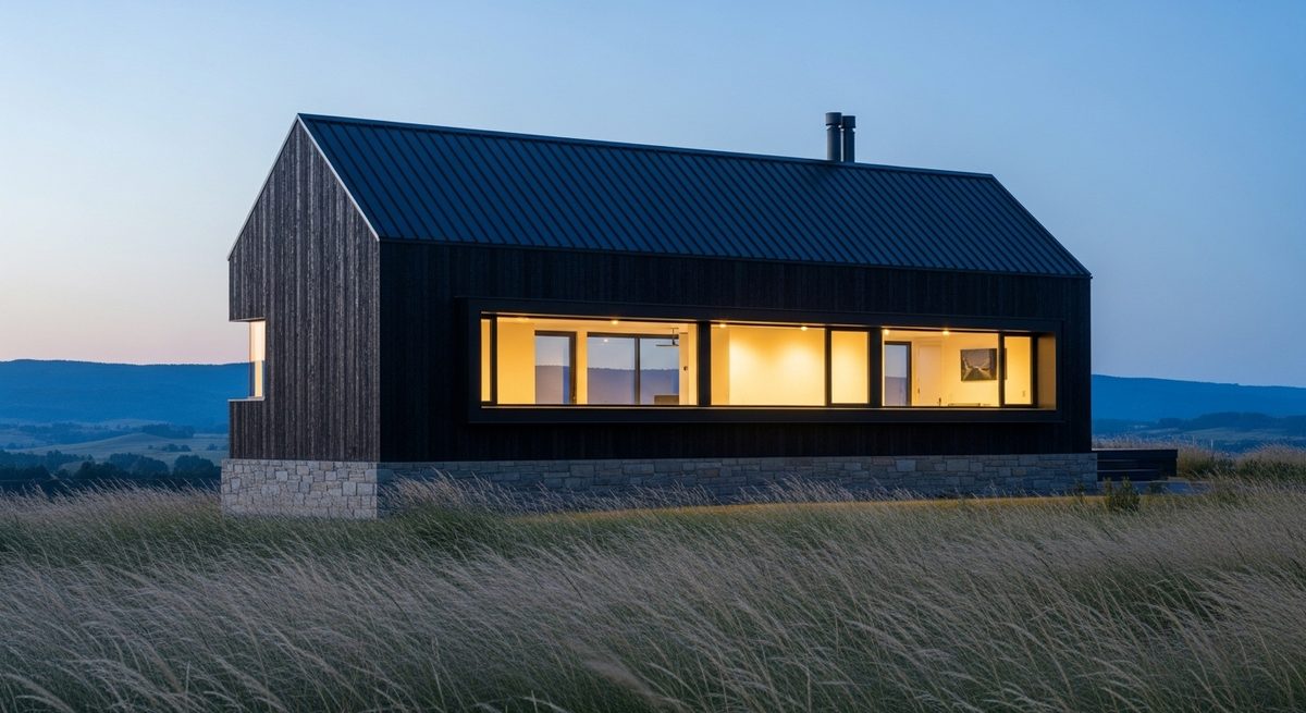 Contemporary gabled house with charred timber cladding on an open ridge at dusk