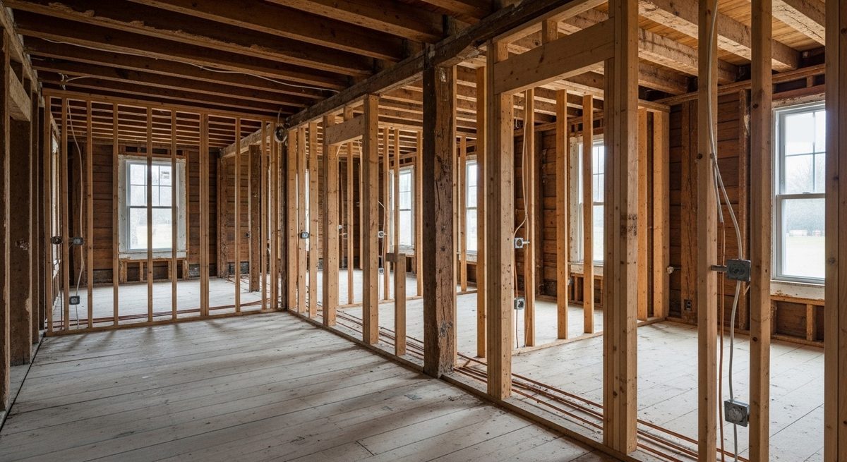 Old farmhouse interior stripped to the studs with new framing and rough-in visible