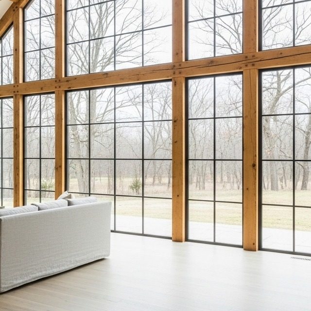 Tall glazing set into a timber frame wall looking out to bare trees