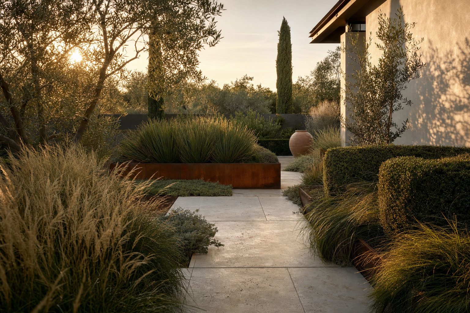 Designed garden courtyard at golden hour with ornamental grasses and limestone pavers