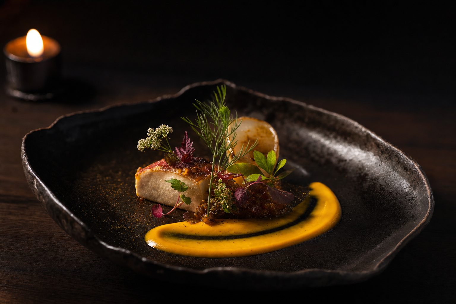 Fine-dining course plated on dark ceramic in candlelight